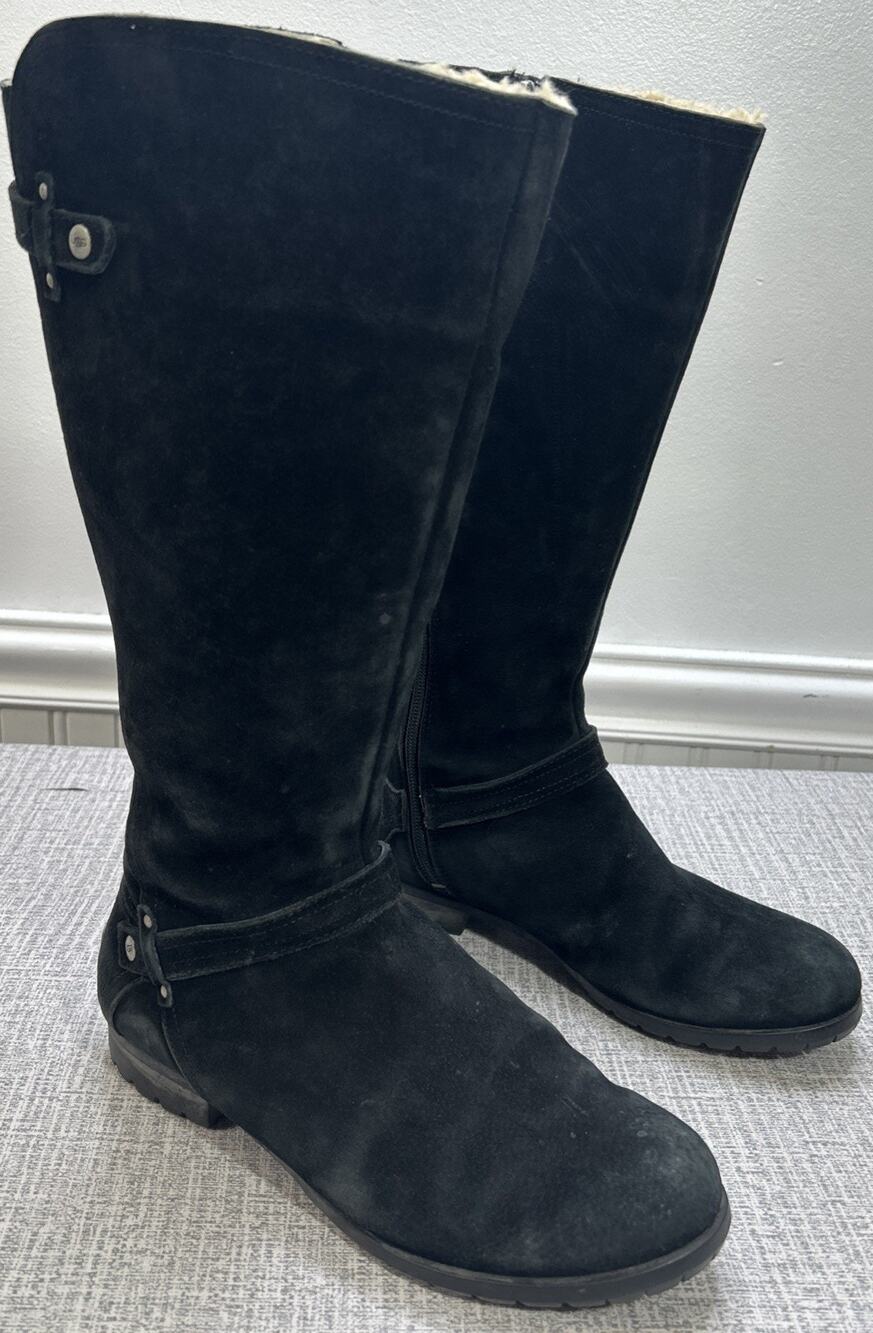 UGG Jillian Shearling Lined Black Suede 3051 Riding Zip Tall Winter Boots 8